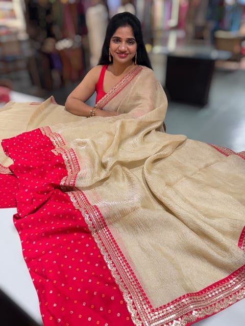 Watergold Crush Tissue Saree with Bandhini and Sabhya Borders