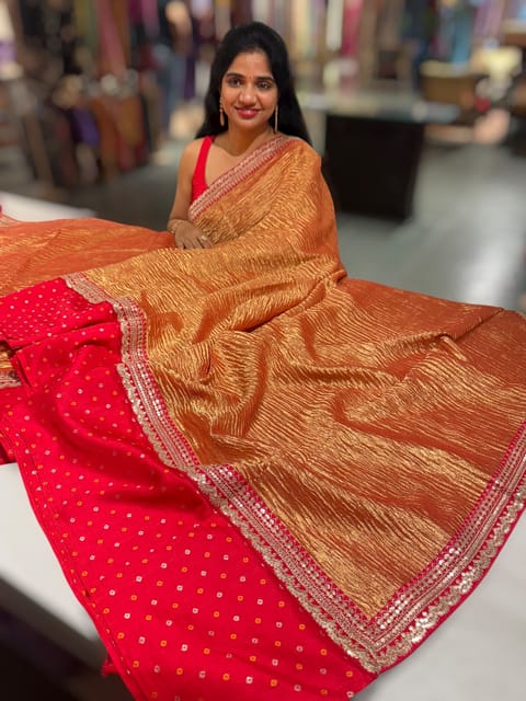 Red Crush Tissue Saree with Bandhini and Sabhya Borders
