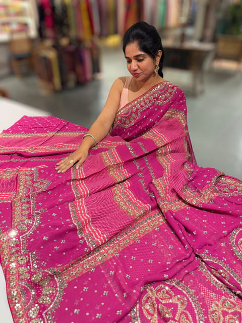 Magenta Kareena Inspired Georgette Saree with All-Over Mirrors