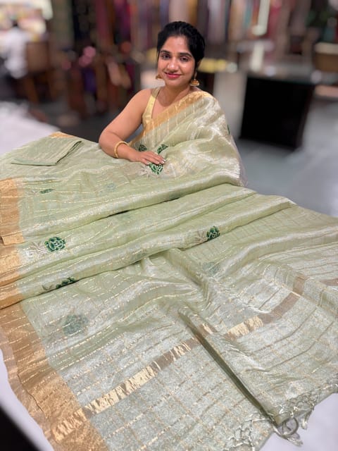 Pastel Green Checks Tissue Saree with Rose Embroidery