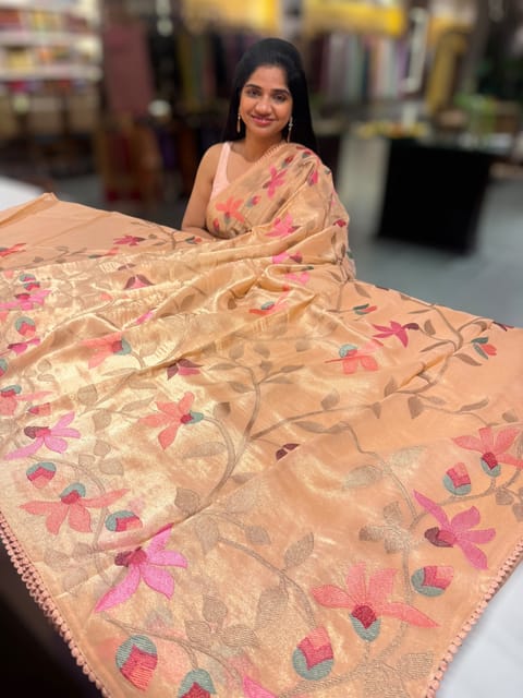Peach Tissue Georgette Saree with Embroidery