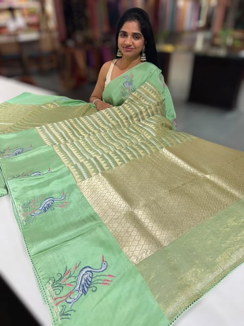 Sea Green Banarasi Tissue Saree with Swan Embroidery