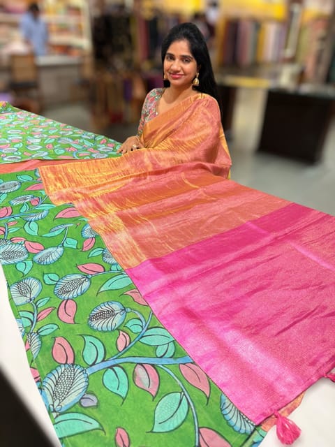 Pink Handloom Tissue Kalamkari Fusion Saree