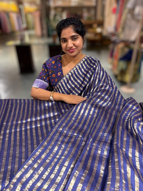 Purplish Blue Handloom Mul Tissue Striped Saree