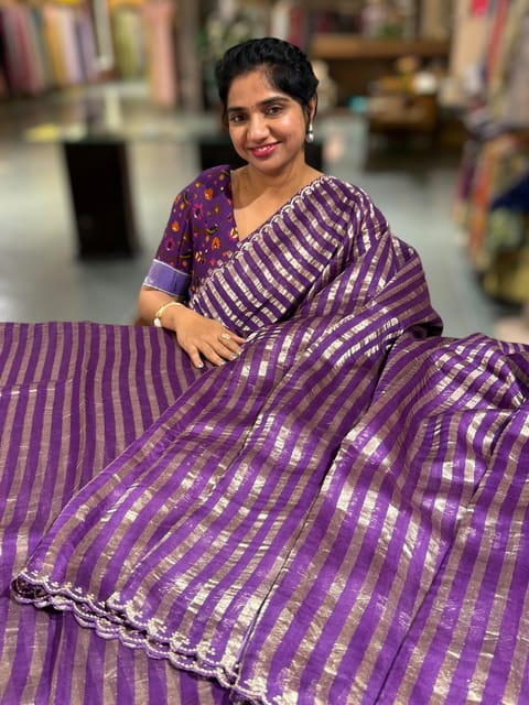 Brinjal Mul Tissue Saree with Sequin Scalloped Border