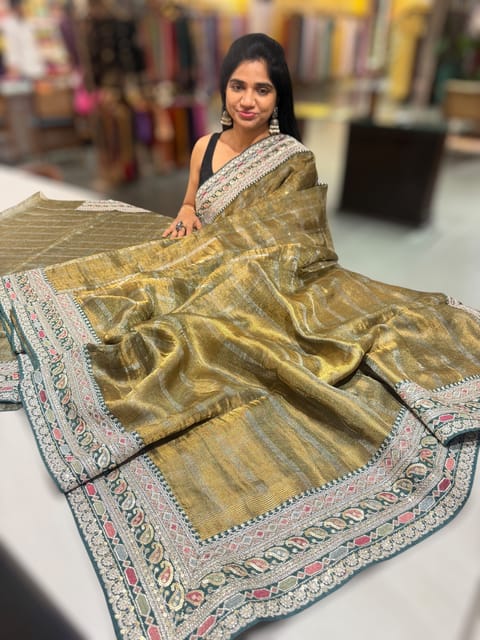 Forest Green Antique Gold Base Tissue Checks Saree with Statement Borders