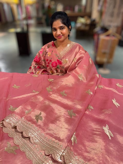 Peach Pink Handloom Tissue Saree with Bird Motifs