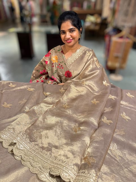 Antique Handloom Tissue Saree with Bird Embroidery