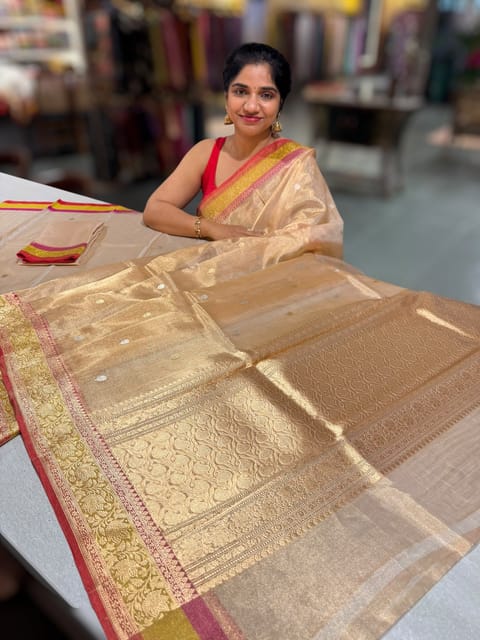 Banarasi Handloom Gold Tissue Saree with Multi-Colour Woven Border