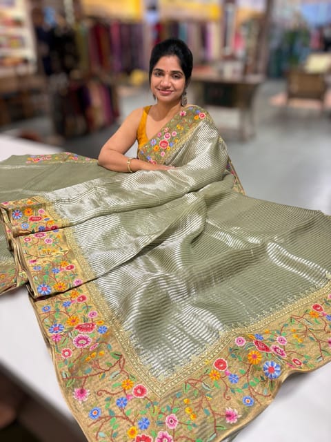 Light Olive Tissue Stripes Saree with Petite Point Embroidered Tissue Border and Blouse