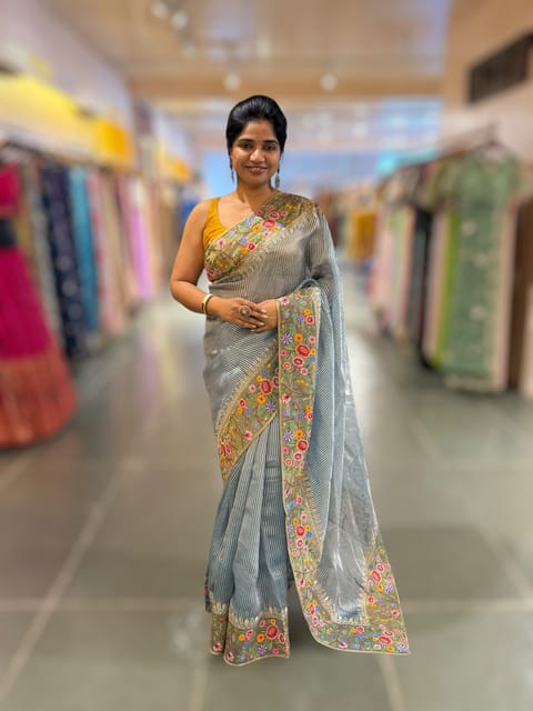 Blue Tissue Stripes Saree with Petite Point Embroidered Tissue Border and Blouse