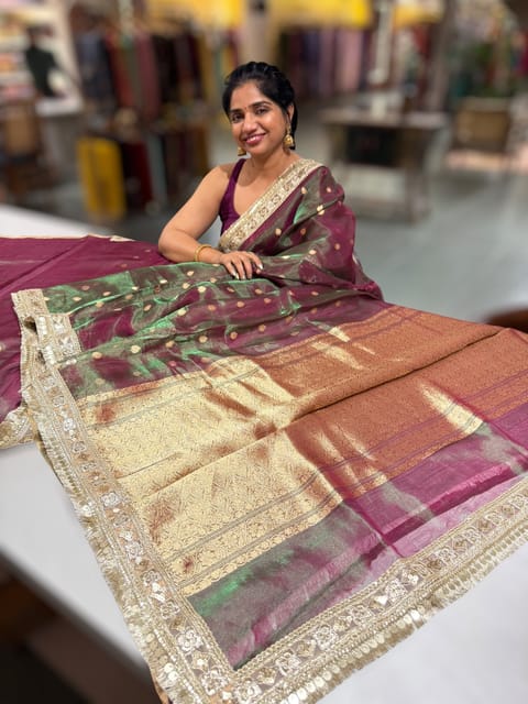 Green & Wine Banarasi Tissue Saree