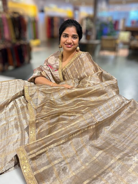 Antique Brown Banarasi Tissue Checks Saree with Statement Borders