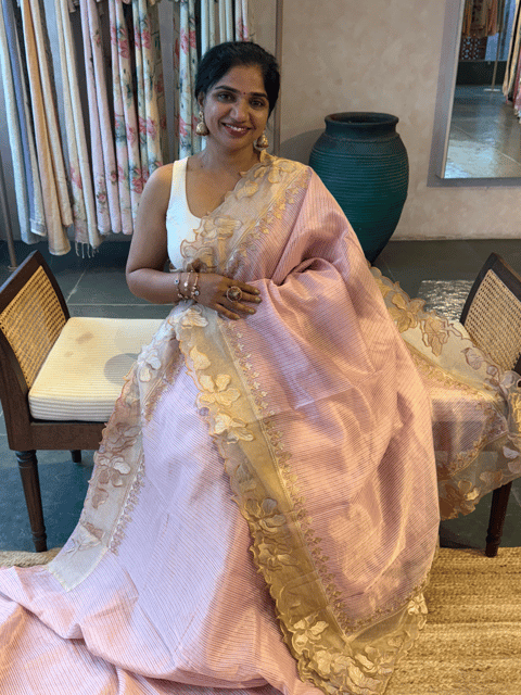 Baby Pink Mul Tissue Saree with Tissue Cutwork Applique Work Border