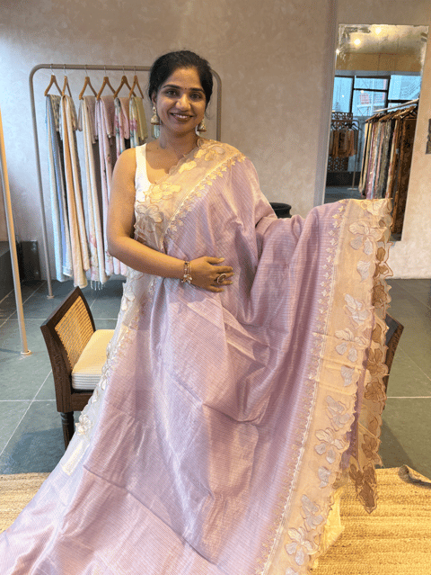 Lilac Mul Tissue Saree with Tissue Cutwork Applique Work Border
