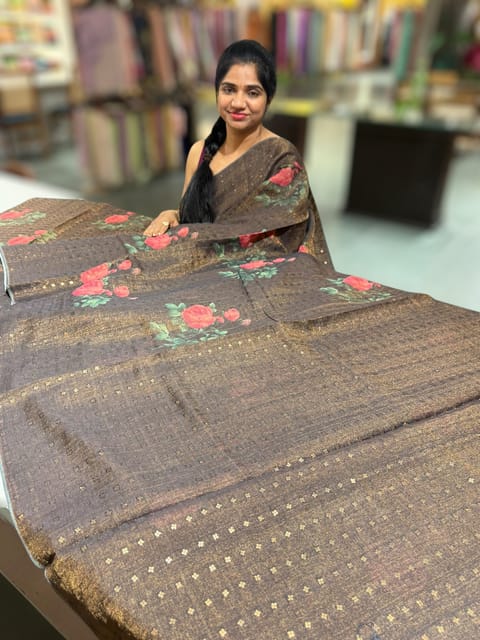 Darkest Brown Printed Tussar Tissue Saree