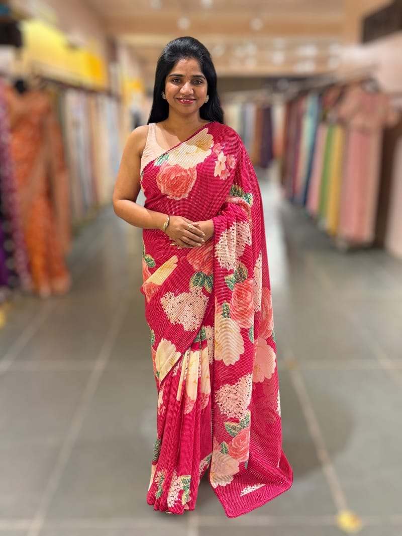 Reddish Pink georgette sequence saree with statement floral print SS5045