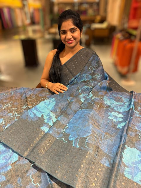Elephant Grey Printed Tussar Tissue Saree