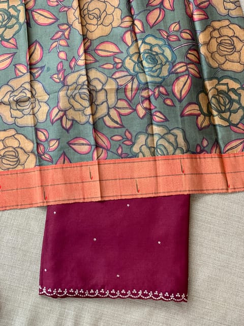 Burgundy Tussar Saree with Kalamkari Blouse