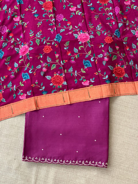 Wine Handloom Tussar Saree with Scalloped Sequin Border