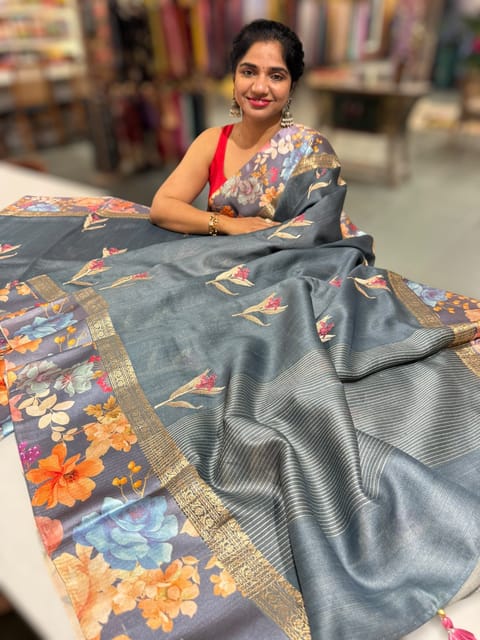 Elephant Grey Tussar Dhupion Saree with Floral Printed Mashru Borders