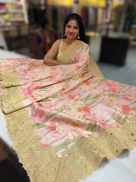 Baby Pink Banarasi Munga Printed Tussar Khaddi Saree with Tissue Cutwork Rose Border