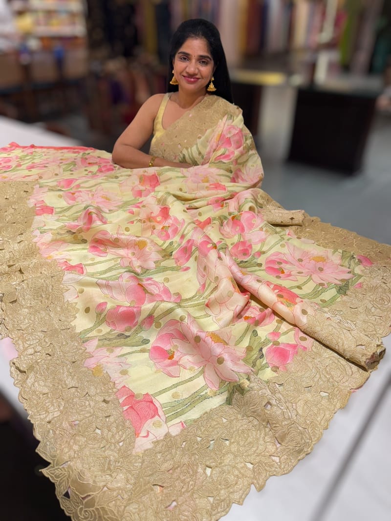 Mint Banarasi Munga Printed Tussar Khaddi With Tissue cutwork Rose Border SS50465