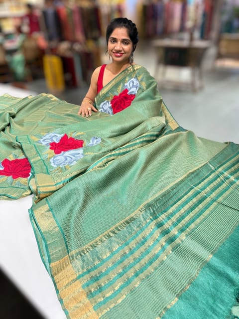 Emerald Green Tussar Brocade Saree with Statement Red Rose Embroidery