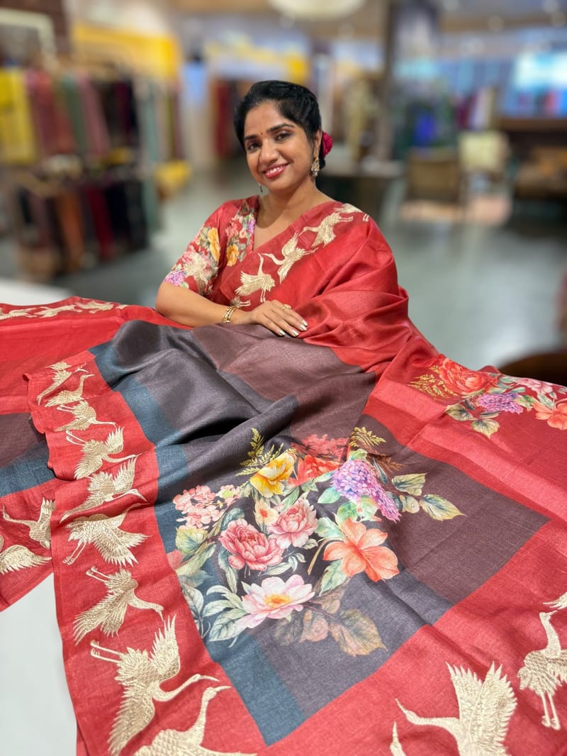 Tussar Rangkaat Saree with Crane Bird Embroidered Border