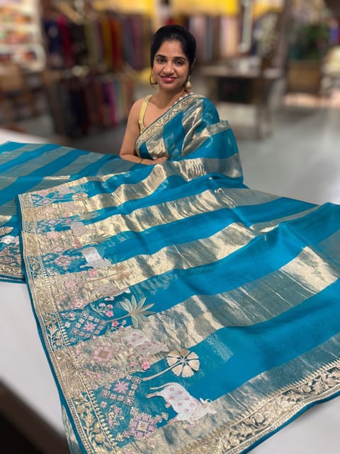 Peacock Blue Kora Tissue Stripes Saree with Jamdani and Pichwai Embroidered Border