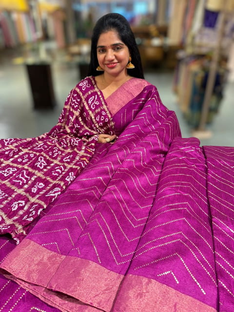 Wine Dhupion Raw Silk Saree with Gharchola Bandhini Blouse