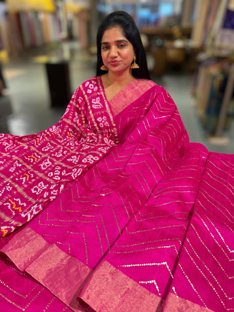 Rani Pink Dhupion Raw Silk Saree with Gharchola Bandhini Blouse