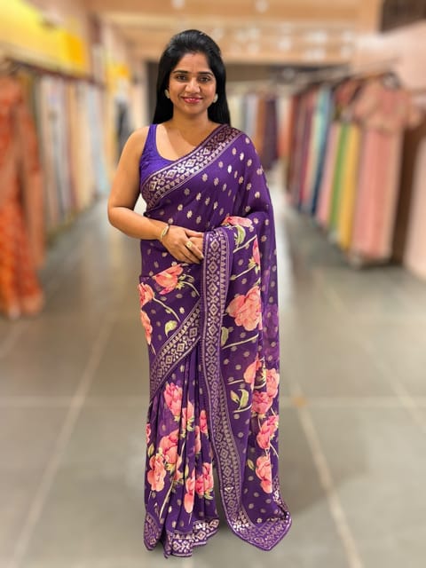 Brinjal Georgette Sequence Saree with Statement Floral Print