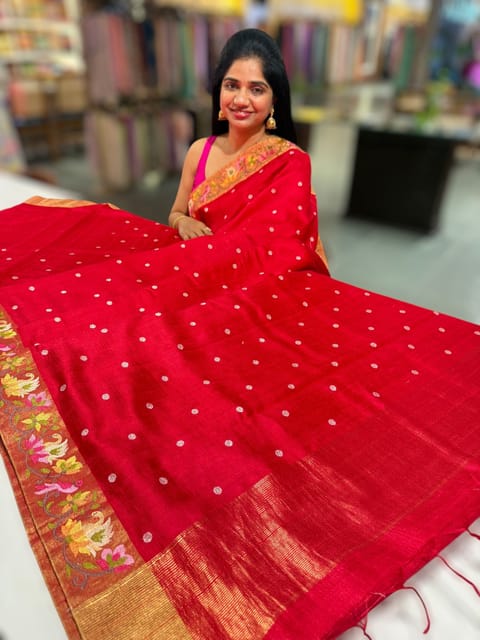 Red Banarasi Dupion Raw Silk Saree with Paithani-Inspired Border