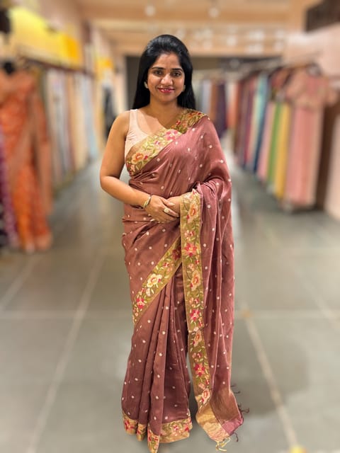 English Brown Banarasi Dupion Raw Silk Saree