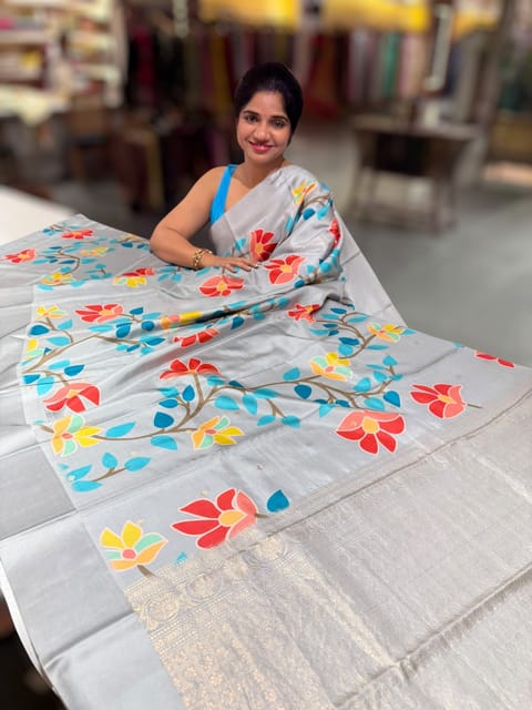Light Grey Kanchi Soft Silk Saree with Jamdani Inspired Print