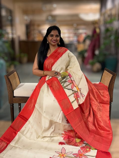 Ivory Kanchi Soft Silk Saree with Handpainted Style Skirt Border Print