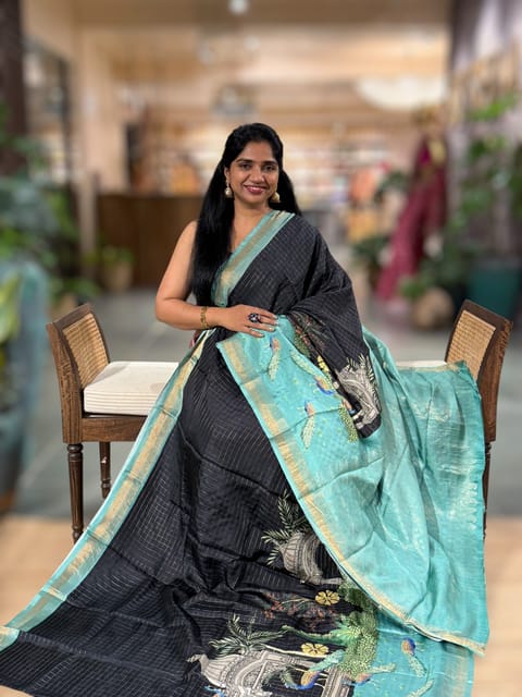 Black Soft Silk Saree with Peacock Skirt Border