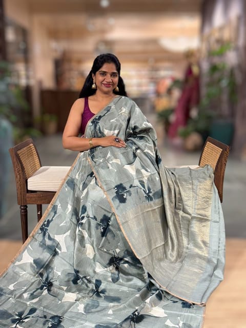 Light Sage Green Kanchi Soft Silk Saree with All-Over Water Colour Paint Style Print