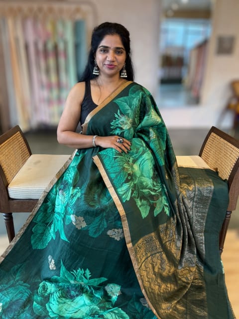 Forest Green Kanchi Soft Silk Saree with Statement 3d Rose Print All-Over