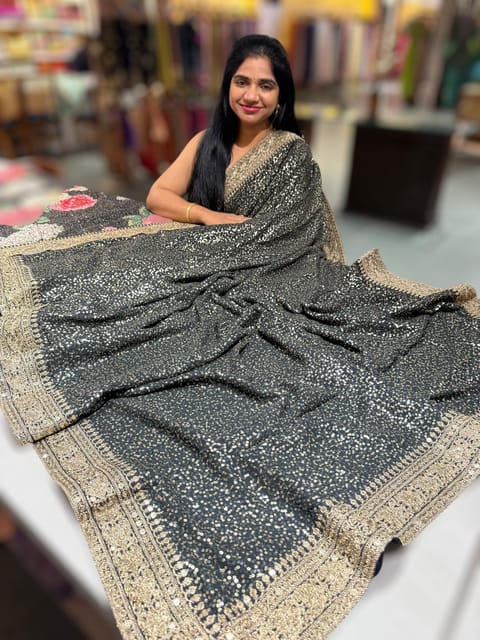 Black Georgette Sequence Saree with Statement Borders and Printed Blouse