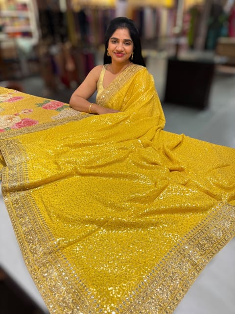 Yellow Georgette Sequence Saree with Statement Borders and Printed Blouse