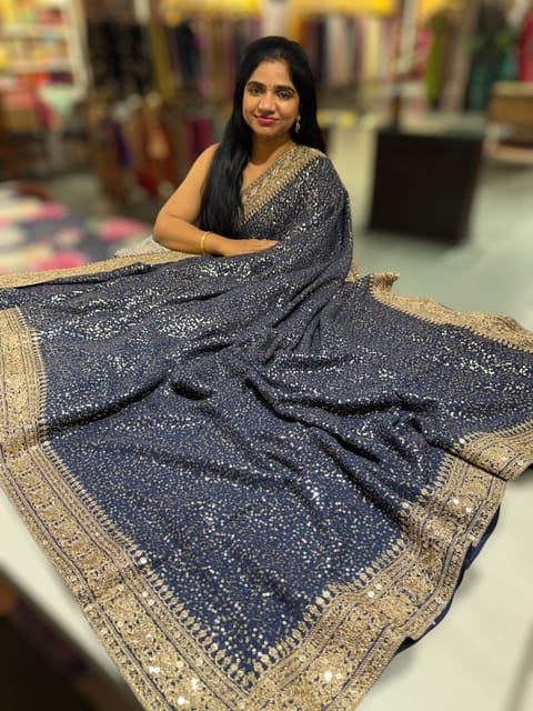 Midnight Blue Georgette Saree with Sequins