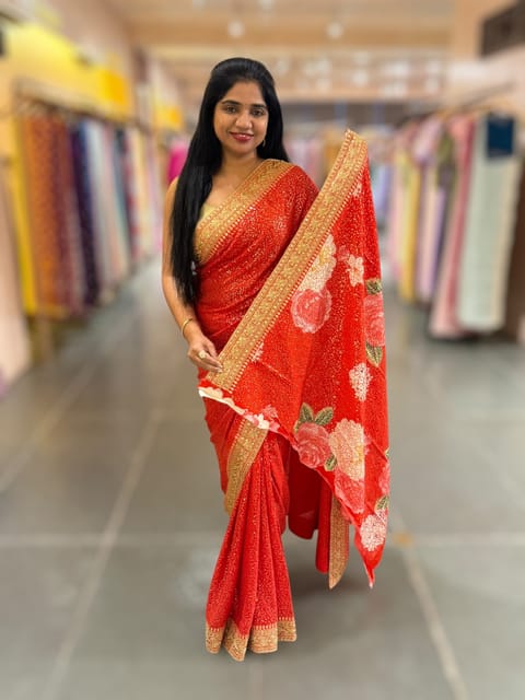 Red Georgette Sequence Saree with Statement Borders and Printed Blouse