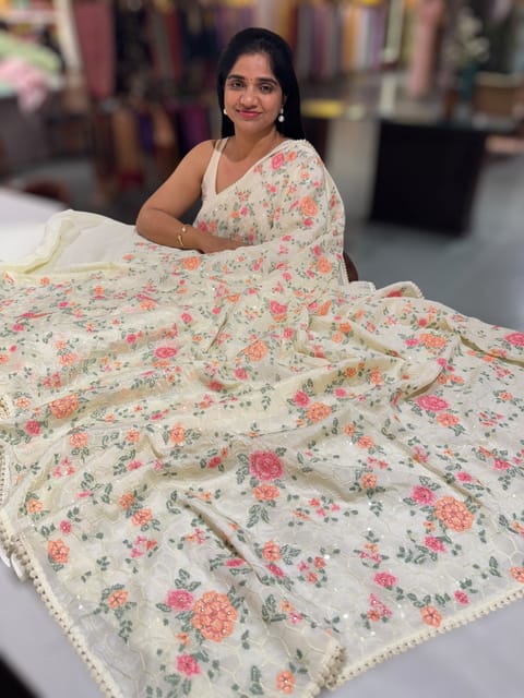 Ivory Chinon Saree with All-Over Petite Point Embroidery