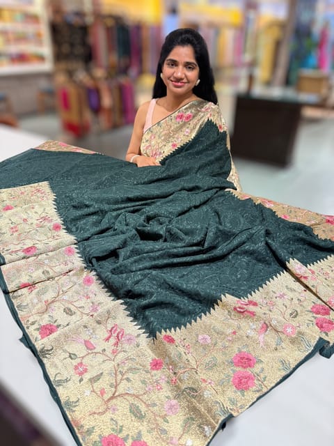 Forest Green Chikankari Georgette Saree with Tissue Border