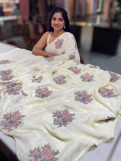 Pastel Yellow Chinon Saree with Embroidery