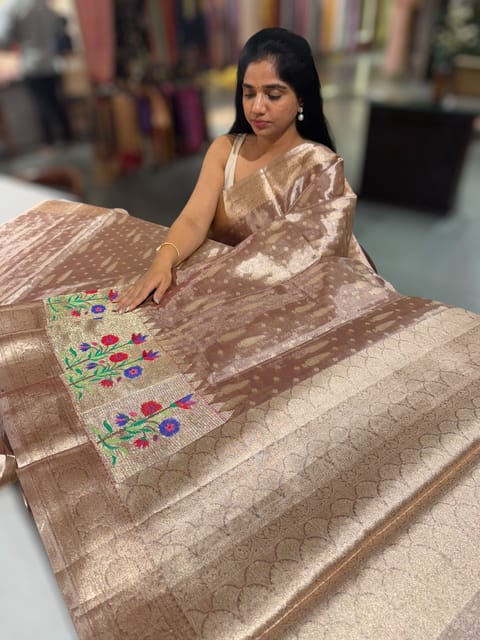 Antique Brown Banarasi Tissue Saree with Embroidery