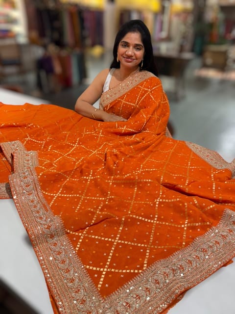 Orange Banarasi Bandhini Georgette Saree with Statement Borders and Blouse