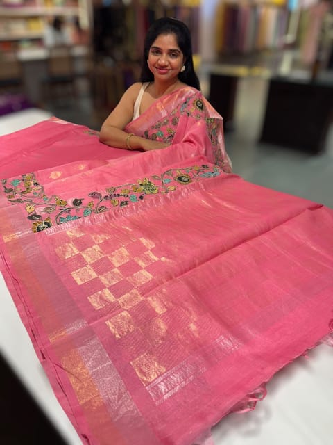 Peach Pink Chanderi Silk Cotton Saree with Kalamkari Applique Border